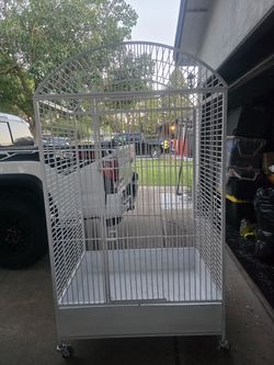 Large White Metal Bird Cage on Wheels