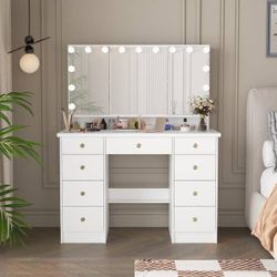 N137-White Modern Makeup Vanity Desk 9 Drawers Wood Dressing Table With 3 Mirrors, Hidden Storage Shelves, LED Bulb Lights