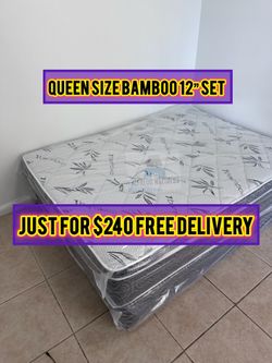 Queen bamboo mattress pillow top set with box spring (2pc - new)