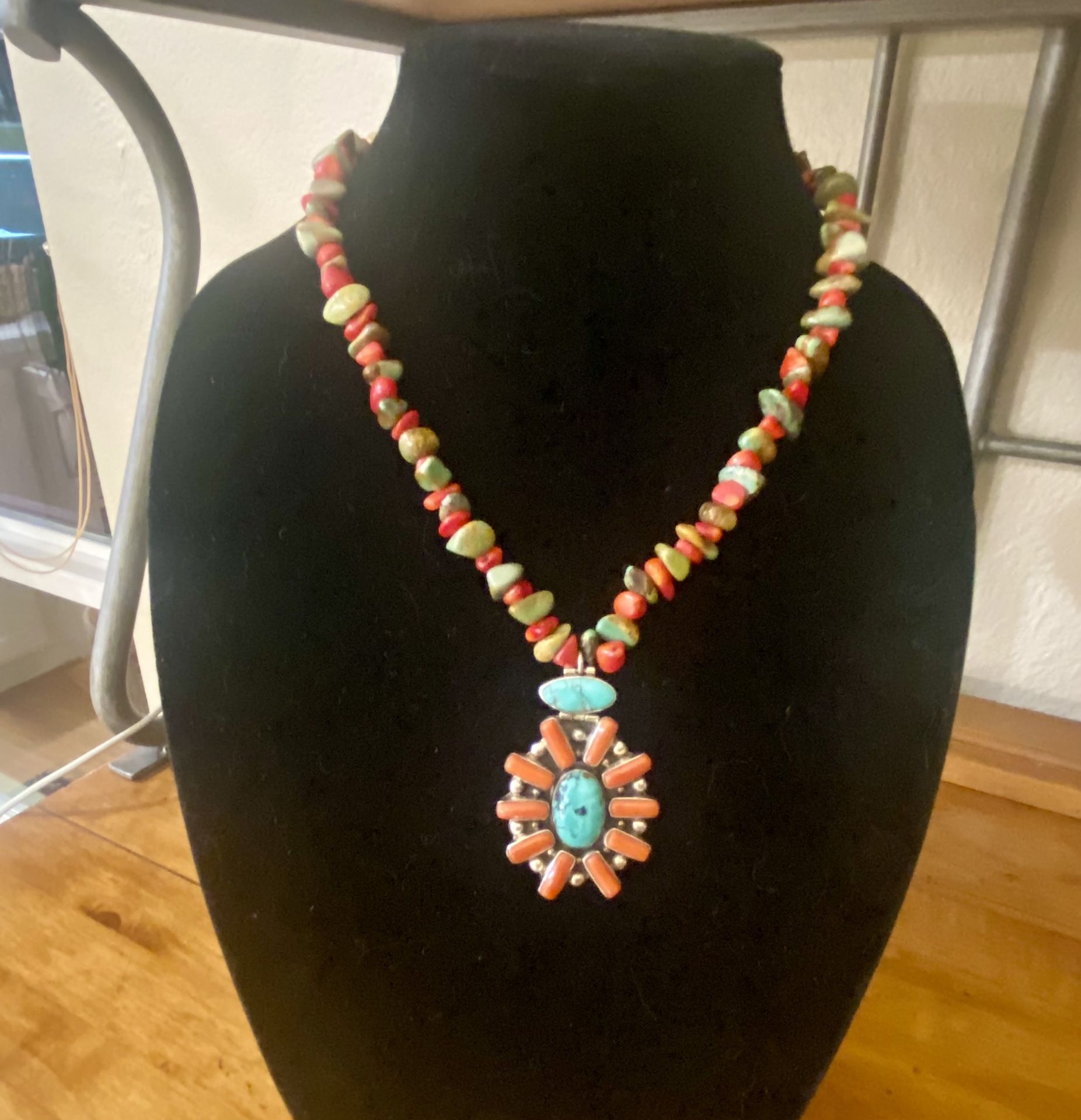 Native American Sterling Silver Turquoise Coral Necklace