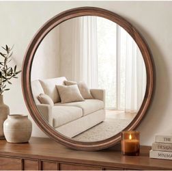 Round Wood Mirror, 26" Circle Mirrors for Wall Decor, Walnut Brown Solid Wood Frame, HD Tempered Glass, Recessed Inner Edge, Decorative Mirror for Liv