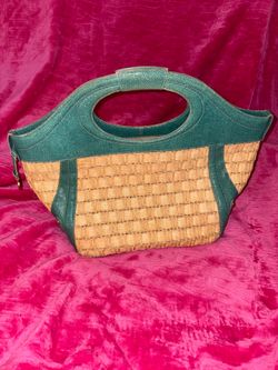 Brahmin Woven Straw & Teal Leather Tote Bag