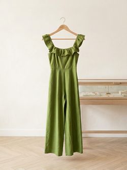Green Ruffle Neckline Wide-Leg Jumpsuit