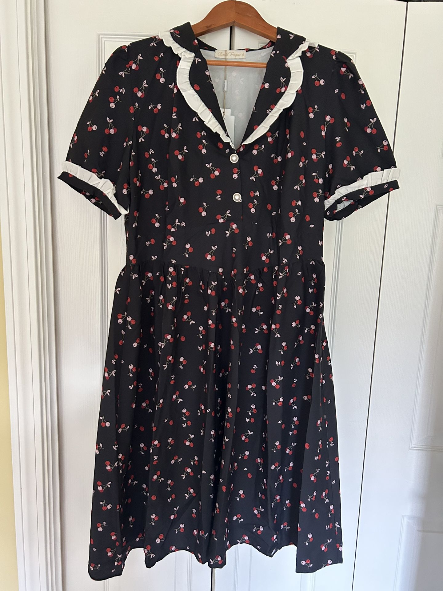 Belle Poque Retro Vintage-Inspired Black Red Cherries Swing Dress, XL NWT!