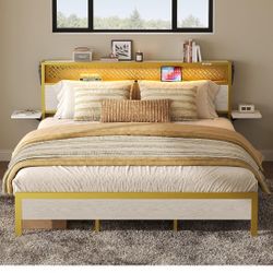 Bestier Queen Size Bed Frame with Headboard and Foldable Bedside Shelves Storage, LED Platform Bed Frame with Charging Station, Non Slip Metal Bed Fra
