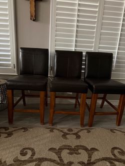 Set of 3 Brown Leather Counter Stools