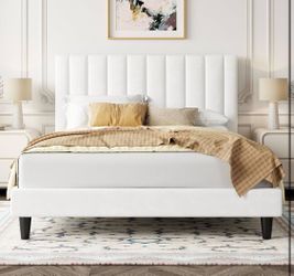 Allewie Queen Bed Frame/Velvet Upholstered Bed Frame with Vertical Channel Tufted Headboard/Strong Wooden Slats/Platform Bed Frame/Mattress Foundation