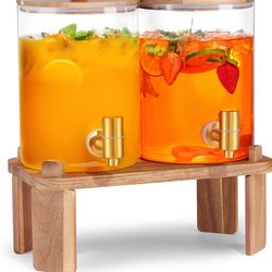 2 PCS 1 Galloon Glass Beverage Dispenser With Wood Stand & Stainless Steel Spigot - Retail at $60