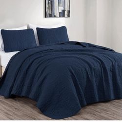 Chezmoi Collection Austin 3-Piece Oversized Bedspread Coverlet Set (Queen, Navy)