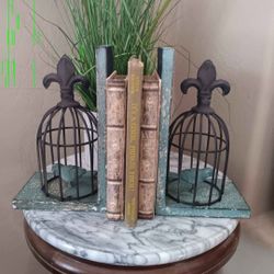 $18 Adorable Vintage Look Bookends with Birds In Cages and Fleur De Lis.