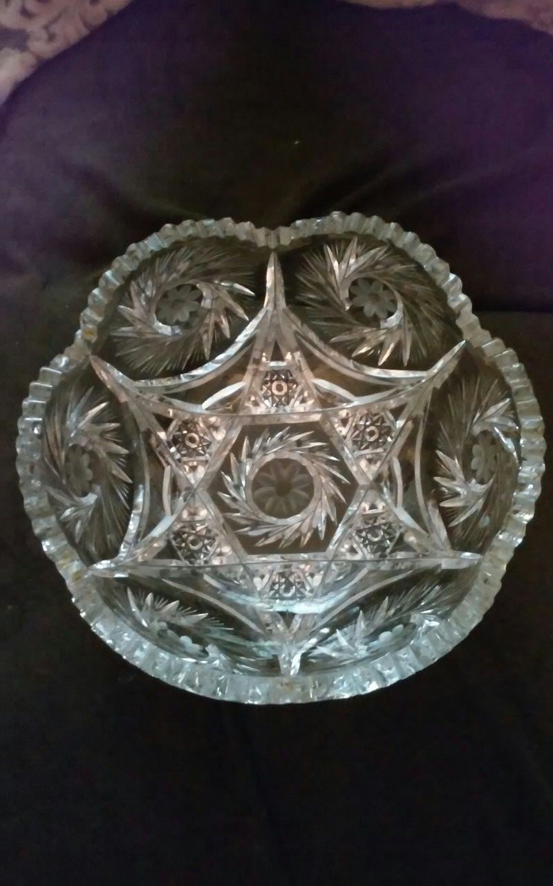 Large antique crystal cut glass bowl