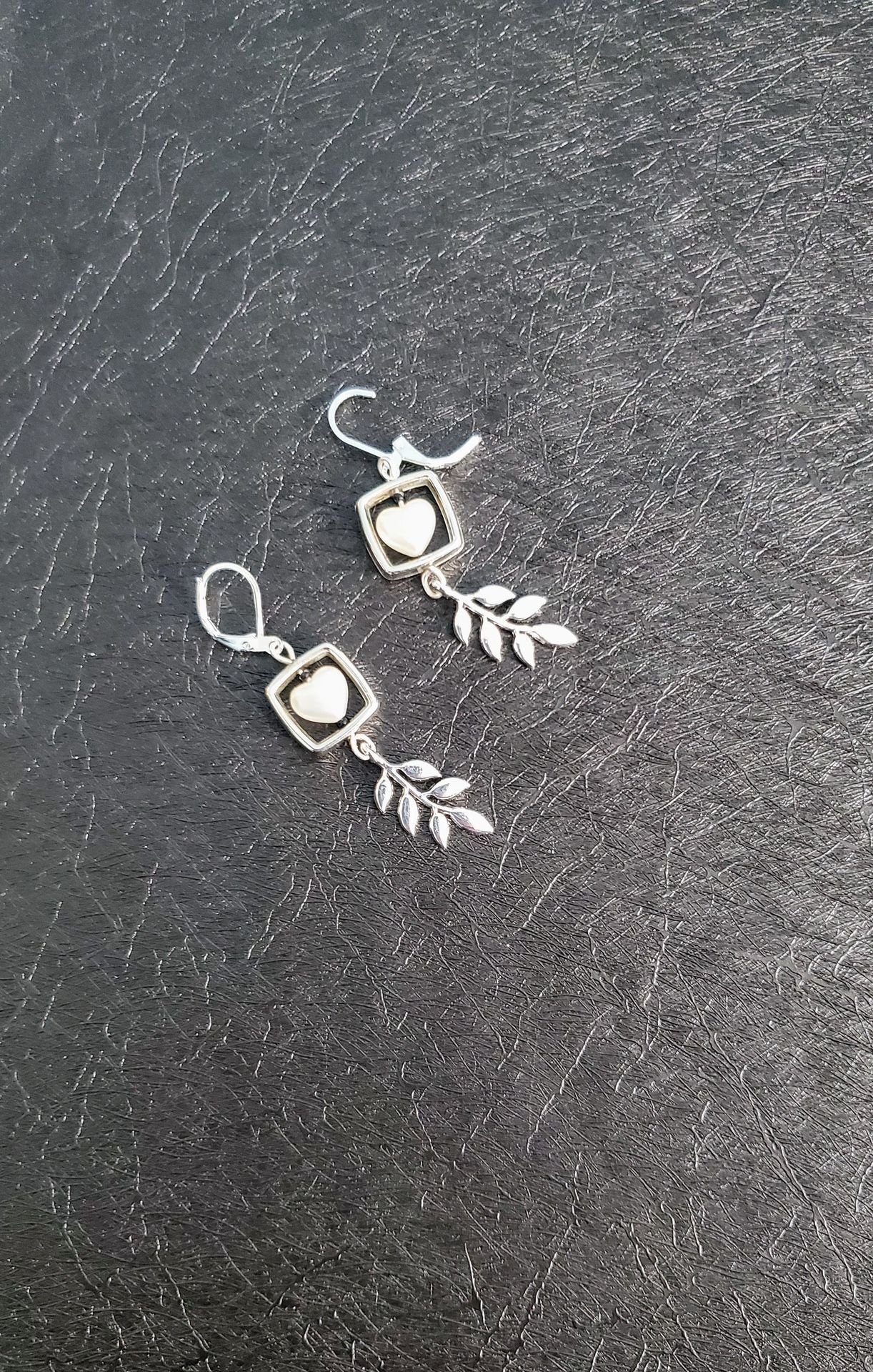 Willow Leaf And Frost White Heart Earrings