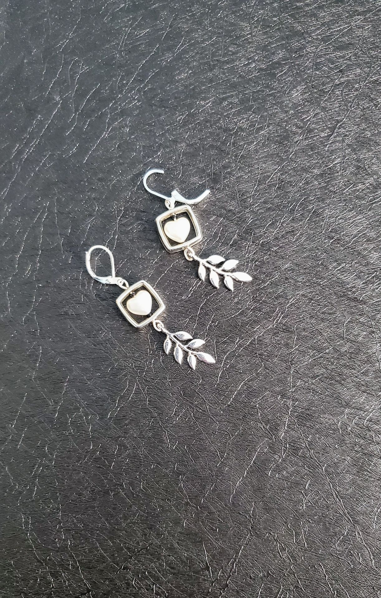S925 Hooks, Willow Leaf & Pearl White Heart Earrings