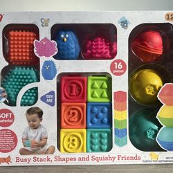 New 16 Piece Busy Stack, Shapes And Squishy Friends Toys For 12+ Months