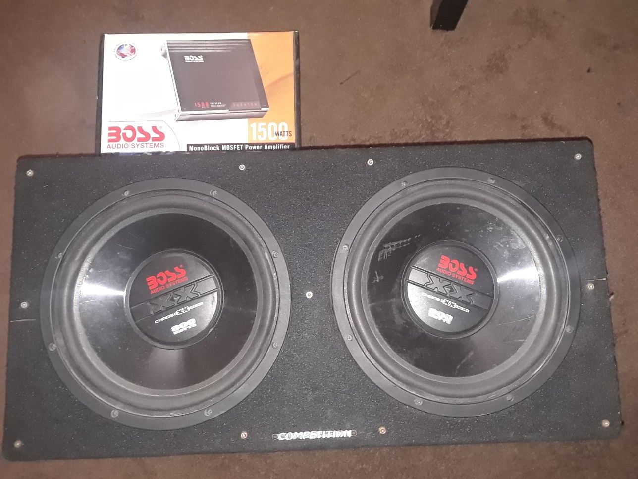 2 12" Boss Chaos Exxtreme Subs 800 Watts Each/ Sealed Competition Box/ 1500 Watt Boss PH1500M Monoblock MOSFET Amp - $100.00