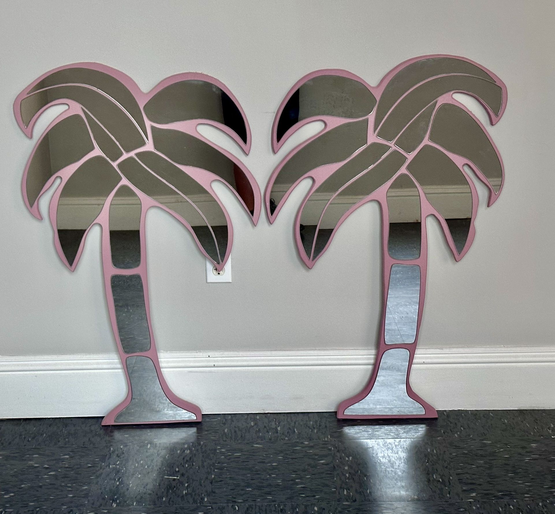Vintage Pair Of Pink Palm Tree Wall Mirrors