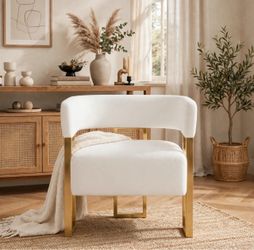 NEW TYBOATLE Mid Century Modern Accent Chair, Barrel Armchair, White Boucle, Gold Leg