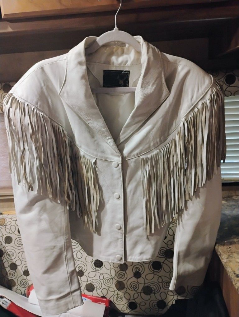 Women's White Fringe Leather Jacket