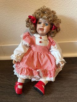 2002 Heritage Collections Porcelain Doll Sitting W/Red Dress Bow 12" Tall