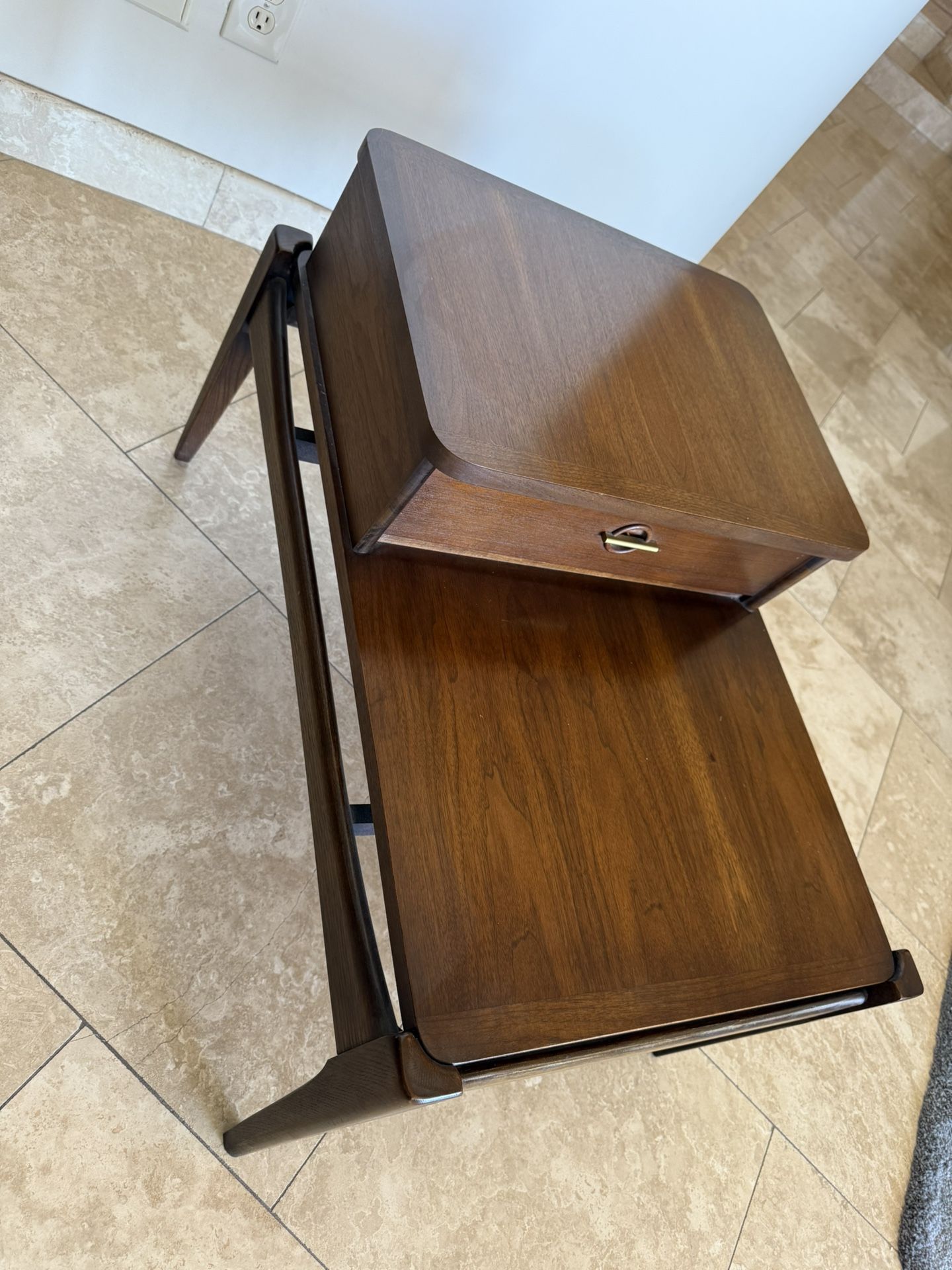 Vintage Mid Century Modern Tiered Walnut End Table with Drawer