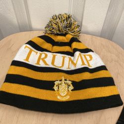 TRUMP Pom Pom Beanie Hat Black Yellow White Ahead