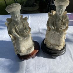 Vintage Hand Carved Statue Ivory Colored Pair Chinese Empress Figurines