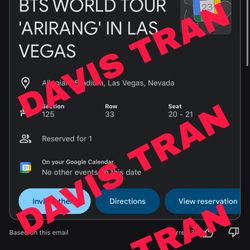 BTS tickets 5/23 Las Vegas Sec  125 Row 33 Seats 20-21