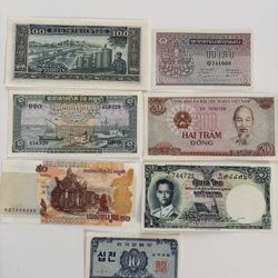 7 Asian Banknotes Lot Laos Cambodia Vietnam Thailand Korea Mixed Currency