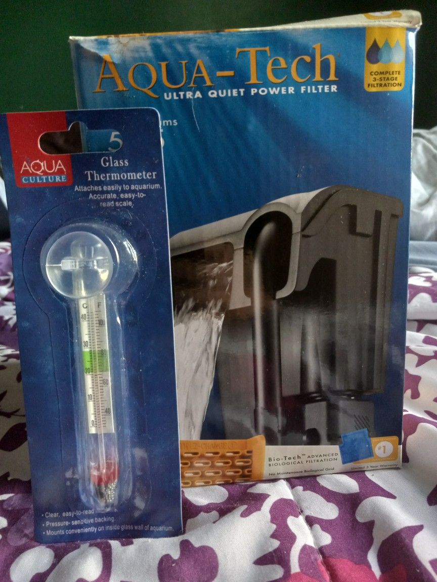 Aqua Tech Ultra-quiet Power Filter For And Glass Thermometer For 5 To 15 Gallons