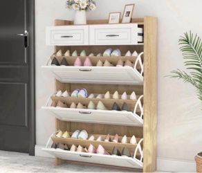 Shoe Cabinet With 3 Flip Drawers, 2 Storage Drawers, PVC Door With Shape, Entryway Shoe Storage Cabinet