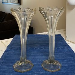 Pair 12" Antique Glass Flower Vase EAPG Octagonal Tulip Top 