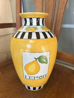 Ceramic Lemon Vase Yellow Black White Stripe