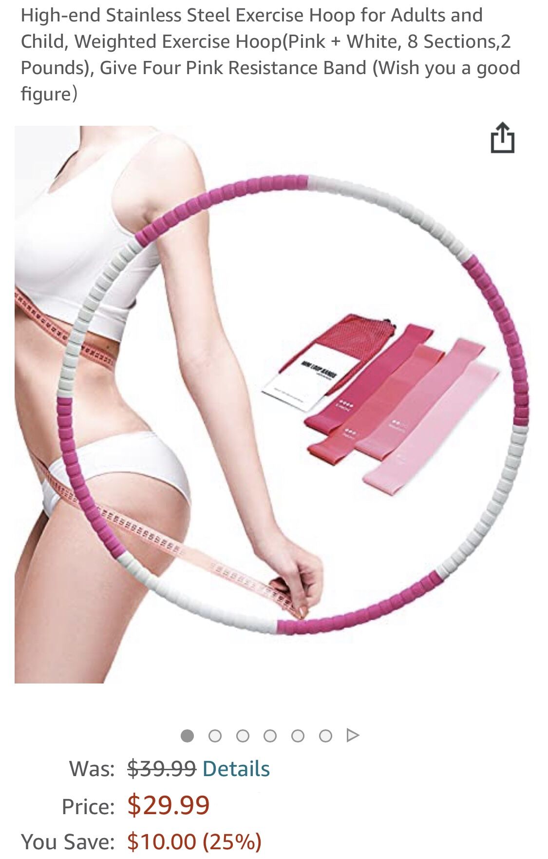 High-end Stainless Steel Exercise Hoop for Adults and Child, Weighted Exercise Hoop(Pink + White, 8 Sections,2 Pounds), +4 Pink Resistance Bands