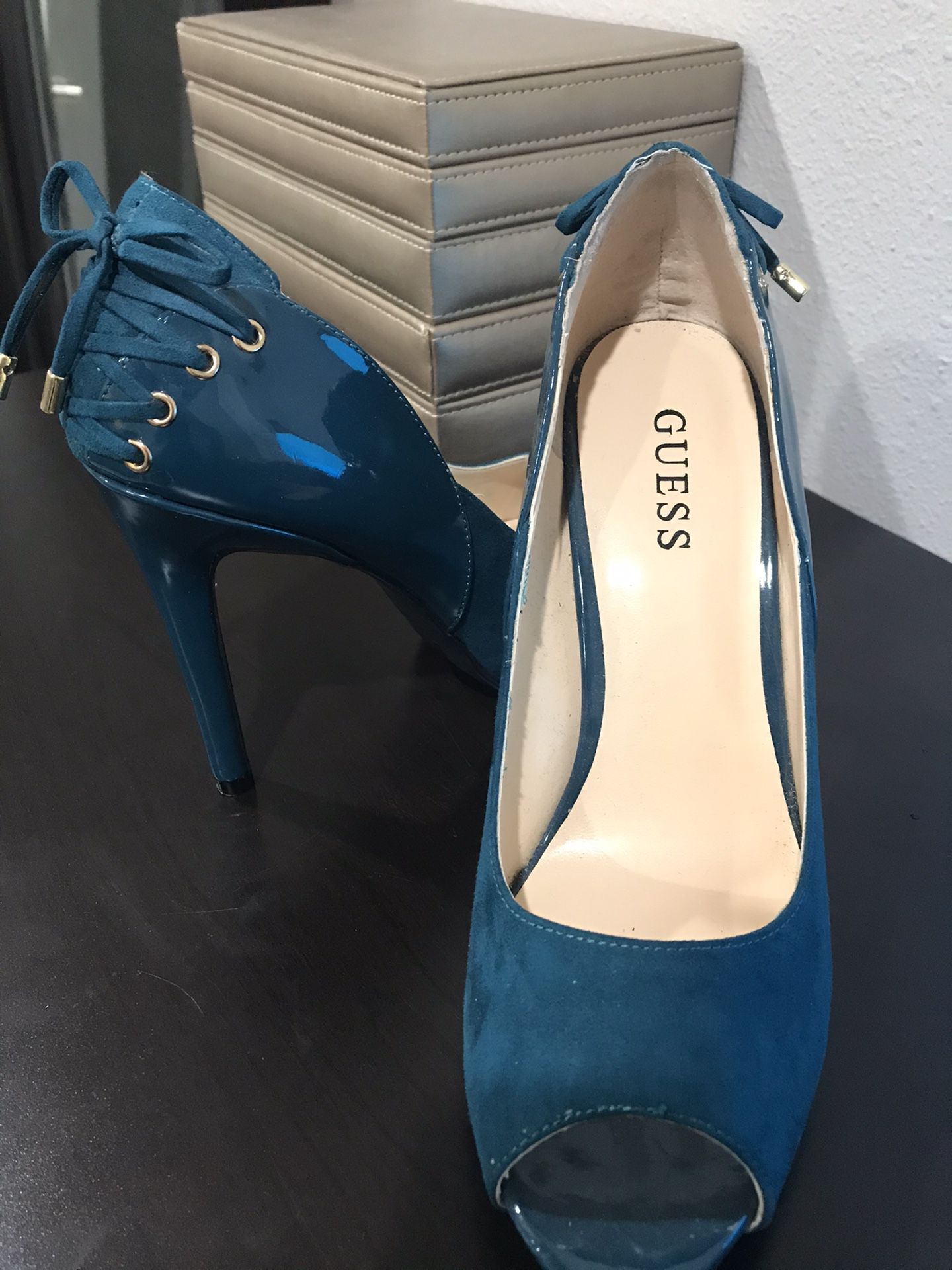 Teal Suede and Patent Leather Guess Heels - Size 9