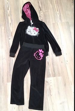 Hello Kitty Size 6 Girls 2-Pc Black Pink Velour Sequin Hoodie&Pants Outdoor Set.