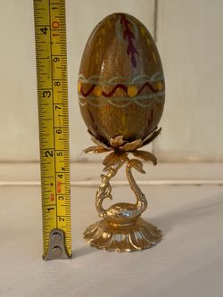 Vintage Hand-painted Decorative Egg w/ Ornate Gold-tone Metal Stand