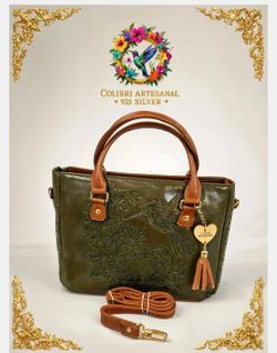 Bolso de Piel grabada colibri en verde olivo.