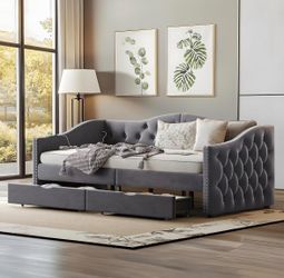 Full Size Daybed with Storage Drawers, Upholstered Daybed (Beige Color )