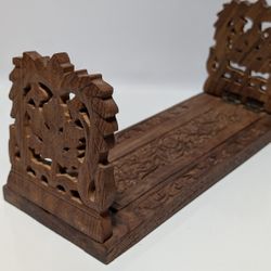 BEAUTIFUL VNTG HAND CARVED FLORAL FLOWER WOODEN FOLDABLE SLIDING BOOK STAND RACK
