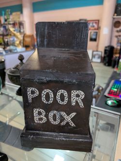 Vintage Wooden Poor Box Coin Bank Handcrafted Folk Art Donation Box Collectible