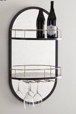 West Elm Rounded Ledge Bar Shelf Anthracite,  2 Shelves, Wine Glass Holders, Black and Gold