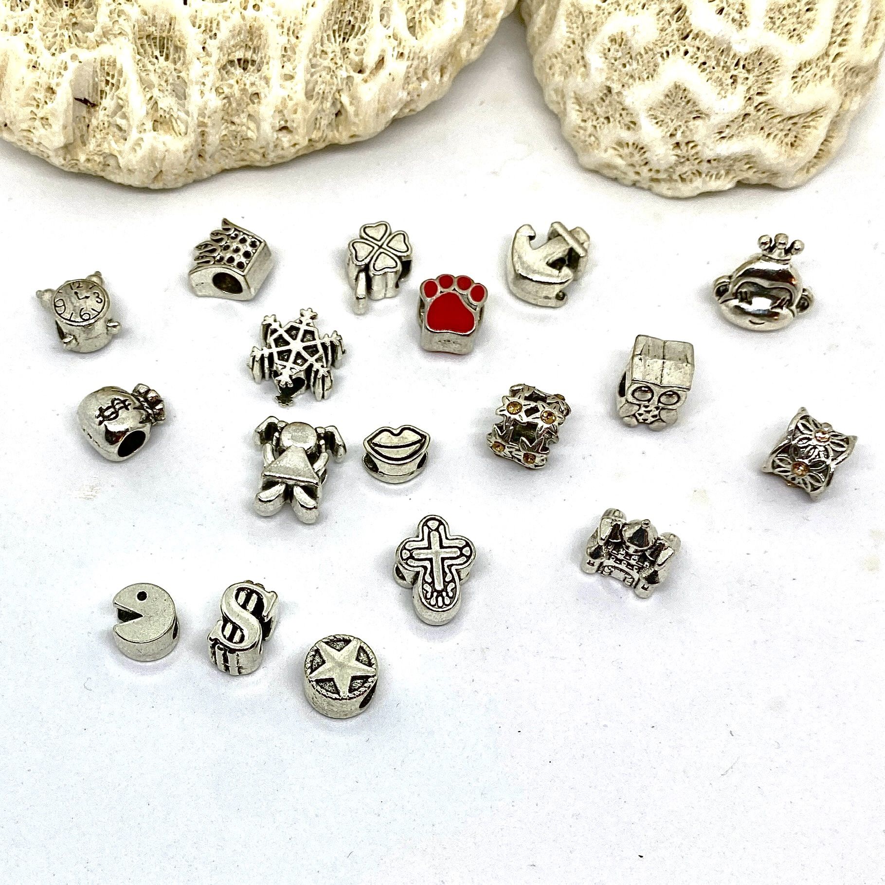 Lot of 18 Sterling Plate Wide Hole Charm Beads for Snake Chain Bracelets