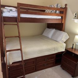 Solid Wood Twin over Full Bunk Bed with 5 Drawer Chest and Nightstand