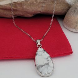 ❤️ Sterling Silver Pear Shaped Howlite Drop Pendant Necklace - Collar Cadena De Plata Esterlina 