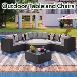 Outdoor Patio Furniture- 7-Piece Outdoor Wicker Sofa Set, Black Wicker, Gray Cushion