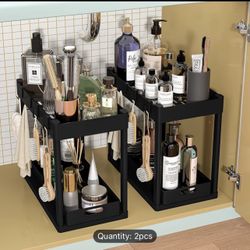 2pcs Under Sink Organizer, Multi-Purpose Storage Shelf, 2 Tier Sliding Cabinet Basket, Multi-Purpose Kitchen Under Counter Storage with 8 Hooks
