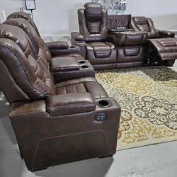 Power Reclining Brown Leather Sofa, Loveseat ⭐$39 Down Payment with Financing ⭐ 90 Days same as cash