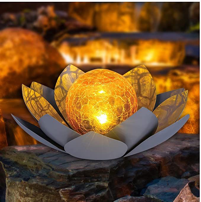 Solar Lights Outdoor Garden Decor , Amber Crackle Globe Glass Lotus Decoration,Waterproof Gray Metal Flower Light for Patio,Lawn,Walkway,Tabletop,Grou