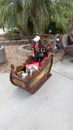 Antique Large Wooden Christmas Sleigh with Santa Decor