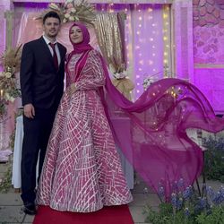 🌸 Custom-Made Engagement Dress – Pink & Grey with Embellishments 🌸